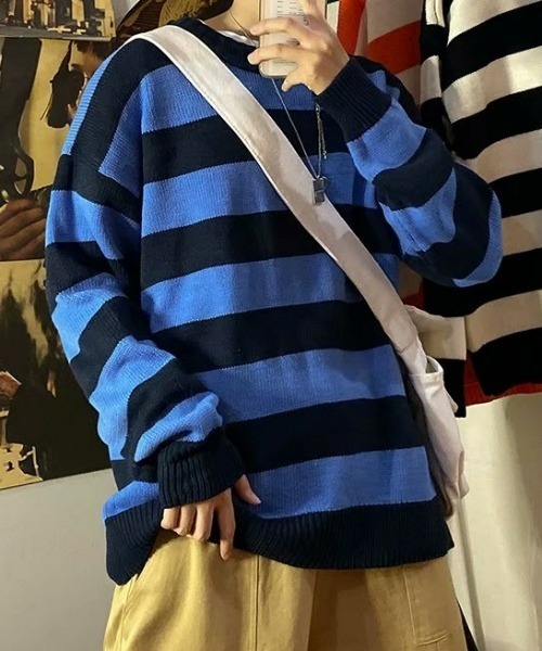 Anchor Smith（アンカー スミス）の「ワイドボーダールーズクルーネックニット（ニット/セーター・メンズ・グリーン系/オレンジ/イエロー系2/ブラック/ライトグレー系/ネイビー/ワイン系/イエロー系/グレー系/イエロー系1/グリーン・L/XL/M）」の14枚目の写真