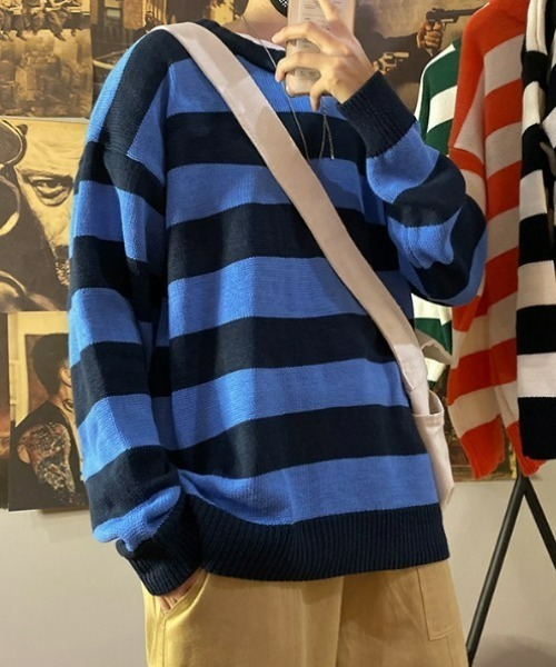 Anchor Smith（アンカー スミス）の「ワイドボーダールーズクルーネックニット（ニット/セーター・メンズ・グリーン系/オレンジ/イエロー系2/ブラック/ライトグレー系/ネイビー/ワイン系/イエロー系/グレー系/イエロー系1/グリーン・L/XL/M）」の13枚目の写真