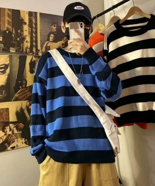 Anchor Smith（アンカー スミス）の「ワイドボーダールーズクルーネックニット（ニット/セーター・メンズ・グリーン系/オレンジ/イエロー系2/ブラック/ライトグレー系/ネイビー/ワイン系/イエロー系/グレー系/イエロー系1/グリーン・L/XL/M）」の17枚目の写真