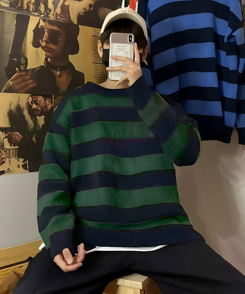 Anchor Smith（アンカー スミス）の「ワイドボーダールーズクルーネックニット（ニット/セーター・メンズ・グリーン系/オレンジ/イエロー系2/ブラック/ライトグレー系/ネイビー/ワイン系/イエロー系/グレー系/イエロー系1/グリーン・L/XL/M）」の12枚目の写真