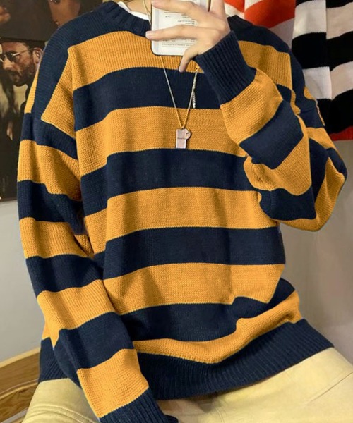 Anchor Smith（アンカー スミス）の「ワイドボーダールーズクルーネックニット（ニット/セーター・メンズ・グリーン系/オレンジ/イエロー系2/ブラック/ライトグレー系/ネイビー/ワイン系/イエロー系/グレー系/イエロー系1/グリーン・L/XL/M）」の20枚目の写真