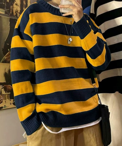 Anchor Smith（アンカー スミス）の「ワイドボーダールーズクルーネックニット（ニット/セーター・メンズ・グリーン系/オレンジ/イエロー系2/ブラック/ライトグレー系/ネイビー/ワイン系/イエロー系/グレー系/イエロー系1/グリーン・L/XL/M）」の19枚目の写真