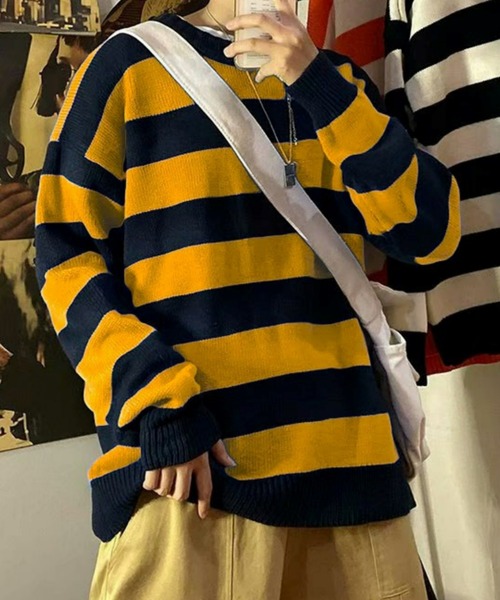 Anchor Smith（アンカー スミス）の「ワイドボーダールーズクルーネックニット（ニット/セーター・メンズ・グリーン系/オレンジ/イエロー系2/ブラック/ライトグレー系/ネイビー/ワイン系/イエロー系/グレー系/イエロー系1/グリーン・L/XL/M）」の18枚目の写真