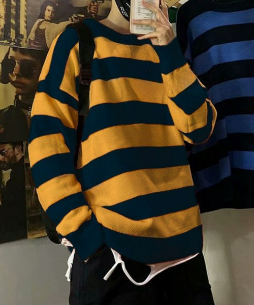 Anchor Smith（アンカー スミス）の「ワイドボーダールーズクルーネックニット（ニット/セーター・メンズ・グリーン系/オレンジ/イエロー系2/ブラック/ライトグレー系/ネイビー/ワイン系/イエロー系/グレー系/イエロー系1/グリーン・L/XL/M）」の21枚目の写真