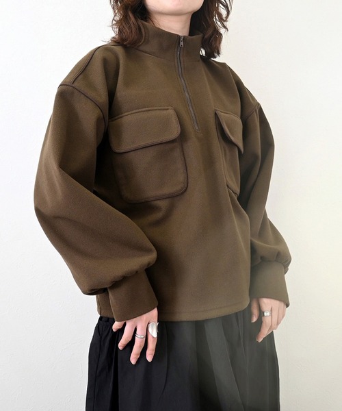 STYLEBLOCK(スタイルブロック)の「起毛カットソー配色コードパイピングハーフジッププルオーバー(Tシャツ/カットソー・レディース・ブラウン/ホワイト系その他/ブラック・M)」の3枚目の写真