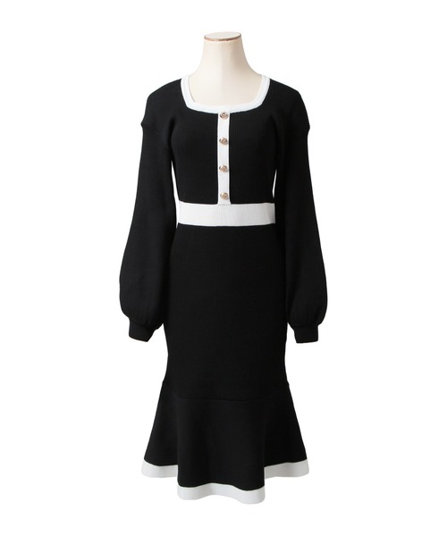 Julia Boutique(ジュリアブティック)の「ミディアム丈・パイピングマーメイドニットワンピース(ワンピース・レディース・ブラック/ベージュ・MEDIUM)」の10枚目の写真