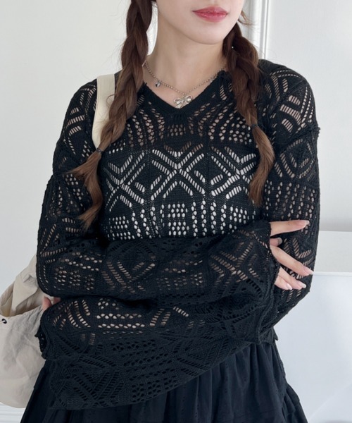 √nuage(ルートニュアージュ)の「透かし編みキーネックサマーニットトップス(Tシャツ/カットソー・レディース・ブラック/アイボリー・FREE)」の10枚目の写真