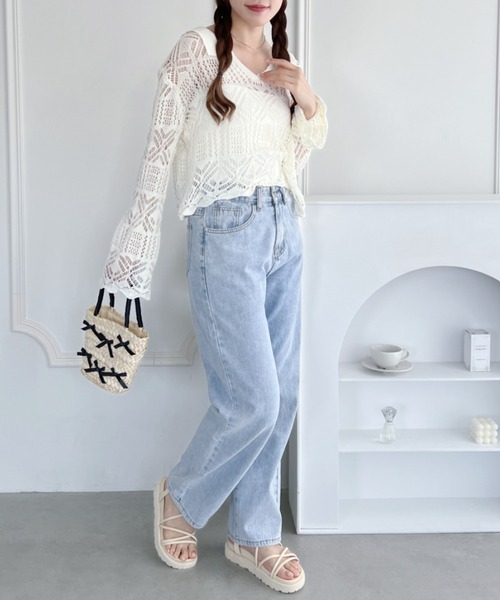 √nuage(ルートニュアージュ)の「透かし編みキーネックサマーニットトップス(Tシャツ/カットソー・レディース・ブラック/アイボリー・FREE)」の7枚目の写真