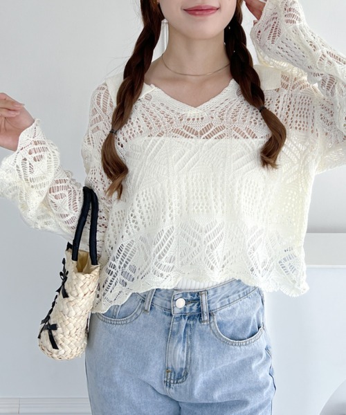 √nuage(ルートニュアージュ)の「透かし編みキーネックサマーニットトップス(Tシャツ/カットソー・レディース・ブラック/アイボリー・FREE)」の3枚目の写真