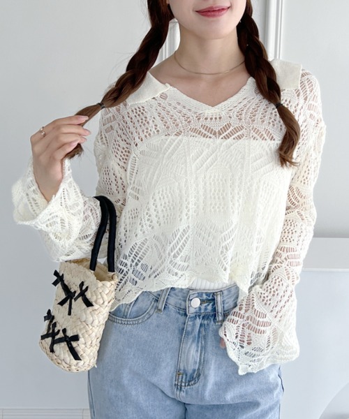 √nuage(ルートニュアージュ)の「透かし編みキーネックサマーニットトップス(Tシャツ/カットソー・レディース・ブラック/アイボリー・FREE)」の4枚目の写真
