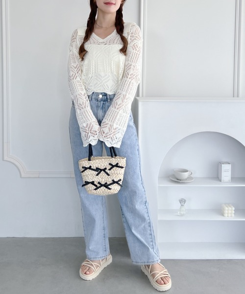 √nuage(ルートニュアージュ)の「透かし編みキーネックサマーニットトップス(Tシャツ/カットソー・レディース・ブラック/アイボリー・FREE)」の5枚目の写真