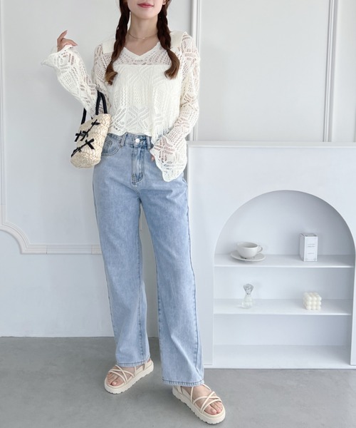 √nuage(ルートニュアージュ)の「透かし編みキーネックサマーニットトップス(Tシャツ/カットソー・レディース・ブラック/アイボリー・FREE)」の6枚目の写真