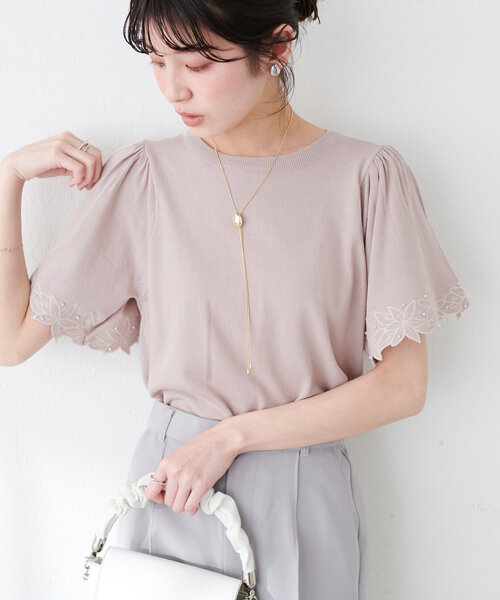 セール】フラワー刺繍×パールフレア袖ニット（ニット/セーター