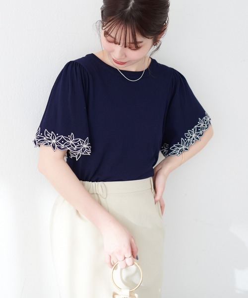 セール】フラワー刺繍×パールフレア袖ニット（ニット/セーター