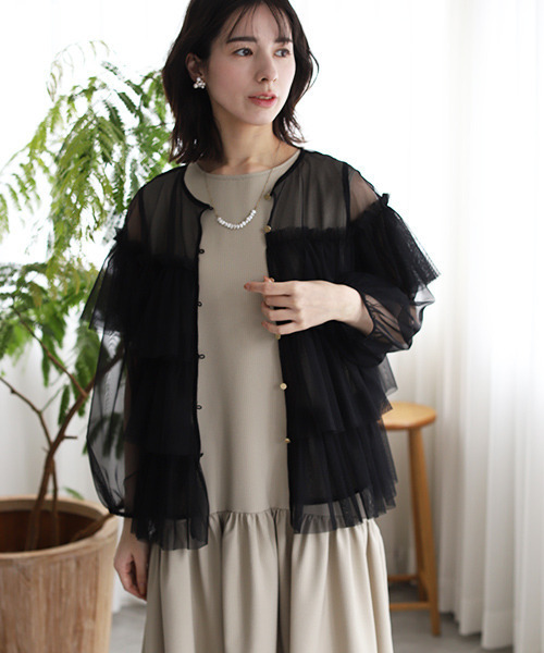 REAL CUBE（リアルキューブ）の「前後2wayチュールトップス（Tシャツ/カットソー・レディース・オフホワイト/ブラック/グレー・M）」の2枚目の写真