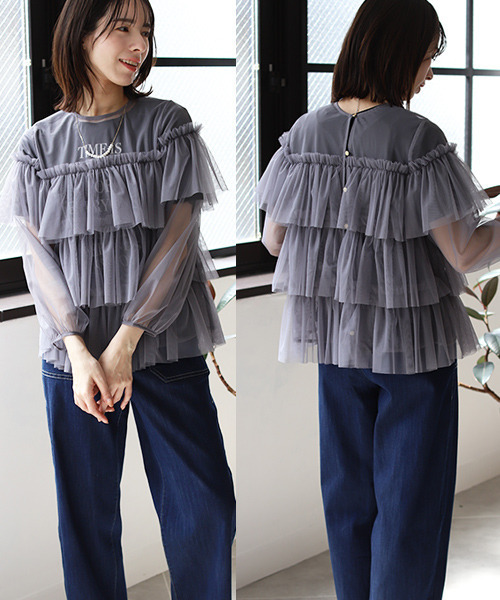 REAL CUBE（リアルキューブ）の「前後2wayチュールトップス（Tシャツ/カットソー・レディース・オフホワイト/ブラック/グレー・M）」の5枚目の写真