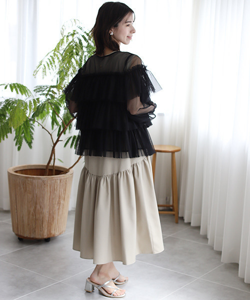 REAL CUBE（リアルキューブ）の「前後2wayチュールトップス（Tシャツ/カットソー・レディース・オフホワイト/ブラック/グレー・M）」の6枚目の写真