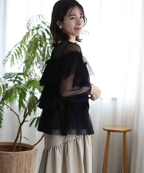 REAL CUBE（リアルキューブ）の「前後2wayチュールトップス（Tシャツ/カットソー・レディース・オフホワイト/ブラック/グレー・M）」の7枚目の写真