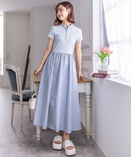 セール】布帛切替ハーフジップノースリーブワンピース［大人