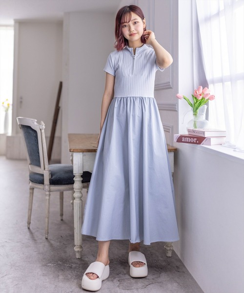 セール】布帛切替ハーフジップノースリーブワンピース［大人