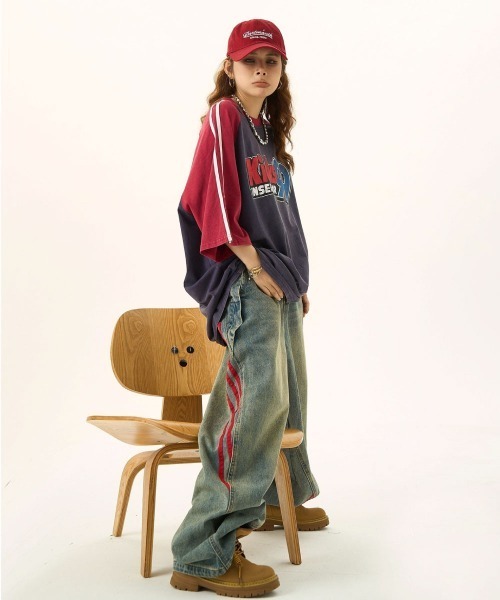 mushwear（マッシュウェア）の「American Retro Distressed Print T-shirt（Tシャツ/カットソー・メンズ・イエロー/ネイビー・MEDIUM/X-LARGE/LARGE/SMALL）」の3枚目の写真