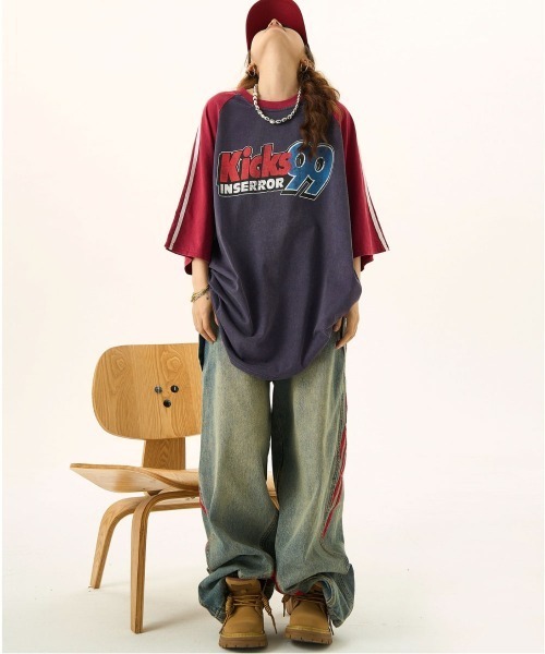 mushwear（マッシュウェア）の「American Retro Distressed Print T-shirt（Tシャツ/カットソー・メンズ・イエロー/ネイビー・MEDIUM/X-LARGE/LARGE/SMALL）」の4枚目の写真