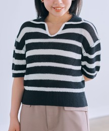 ポロカラーボーダーメッシュニット【低身長・小柄女性】