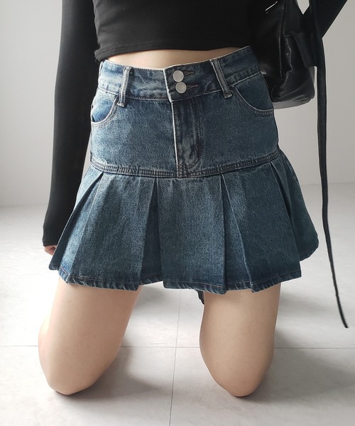 【Rotate】プリーツ デニム ミニスカート Vintage Blue デニムプリーツミニスカート[品番：GORW0009861]｜GORGE