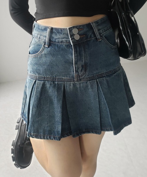 45R スカート インディゴ切り替え プリーツ タック入り 2 リネン 25SS】WOMEN デニムライクプリーツスカート インディゴ