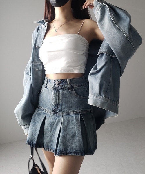 【 Jeans】Denim Pleat Mini デニムプリーツ ミニスカート Jewelobe デニムスカート デニムプリーツミニスカート
