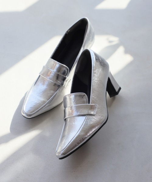 セール】スクエアトゥデザインヒールローファーパンプス（パンプス