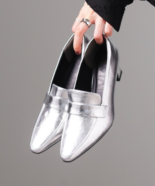 セール】スクエアトゥデザインヒールローファーパンプス（パンプス