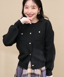 ポリニット金釦ポケ付きカーディガン
