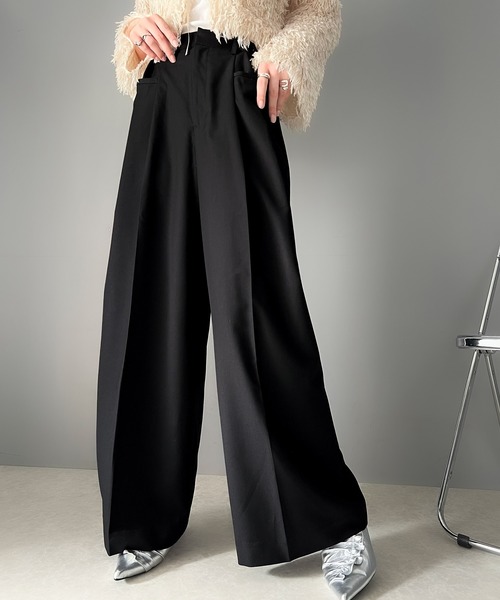 セール】大人スタイリッシュ。ウエスト調節ホック付き美脚タックワイド