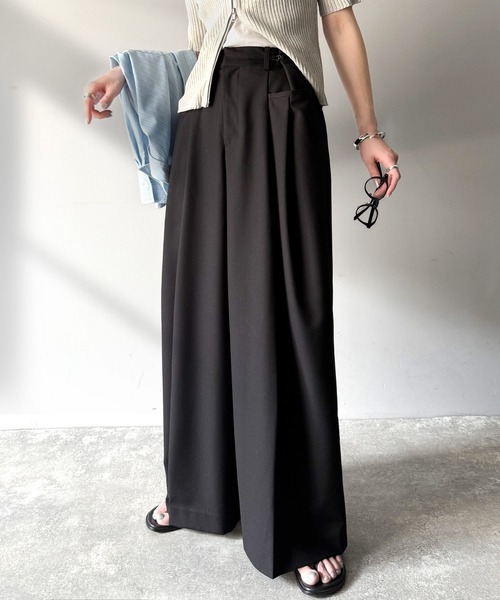 セール】大人スタイリッシュ。ウエスト調節ホック付き美脚タックワイド