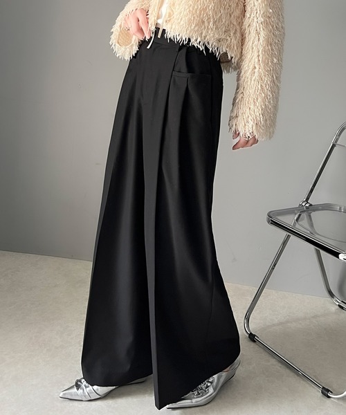 セール】大人スタイリッシュ。ウエスト調節ホック付き美脚タックワイド