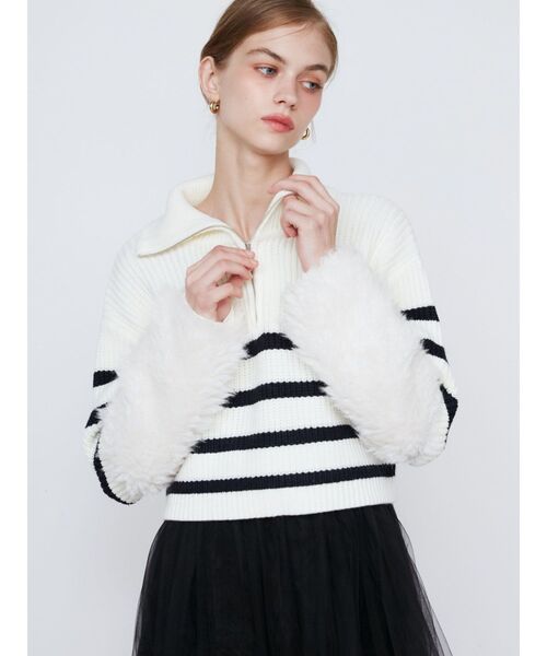 CALNAMUR(カルナムール)の「FLUFFY SLEEVE HALF ZIP KNIT/フラッフィースリーブハーフジップニット(ニット/セーター・レディース・ホワイト/グレー/ネイビー・FREE)」の6枚目の写真