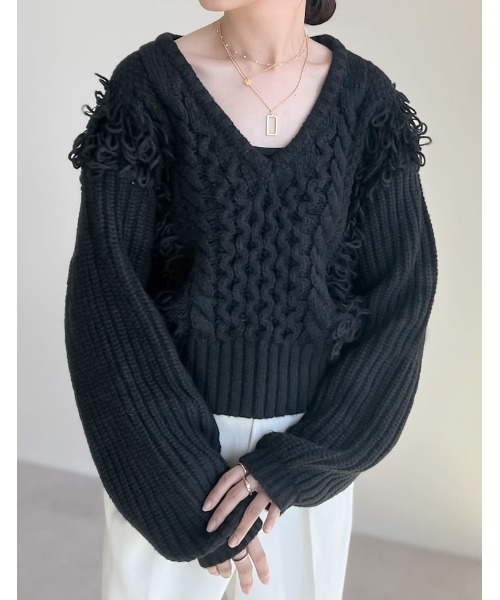 バルキーループ編地切り替えVネックニットトップス（ニット/セーター）｜Re:EDIT（リエディ）