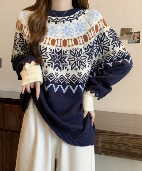 美品❤ ノルディックプルオーバー&ロングパンツセット♡ネイビー ２点セット USAGI ONLINE限定】ラビットジャガードプルオーバー&ロング