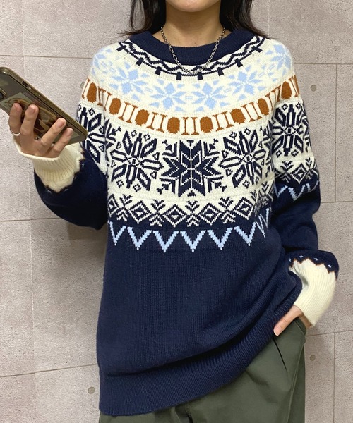 セール】ノルディック柄クルーネックニットプルオーバー（ニット