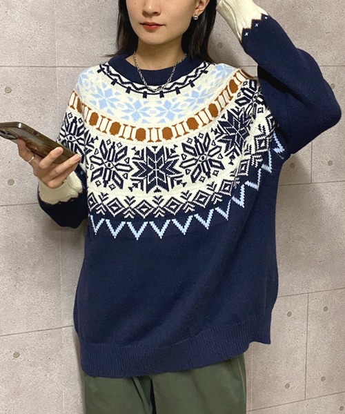 セール】ノルディック柄クルーネックニットプルオーバー（ニット