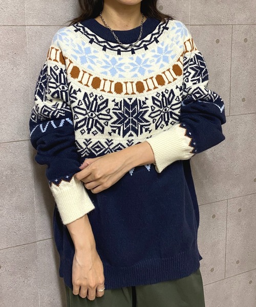 セール】ノルディック柄クルーネックニットプルオーバー（ニット
