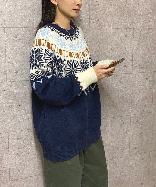 セール】ノルディック柄クルーネックニットプルオーバー（ニット
