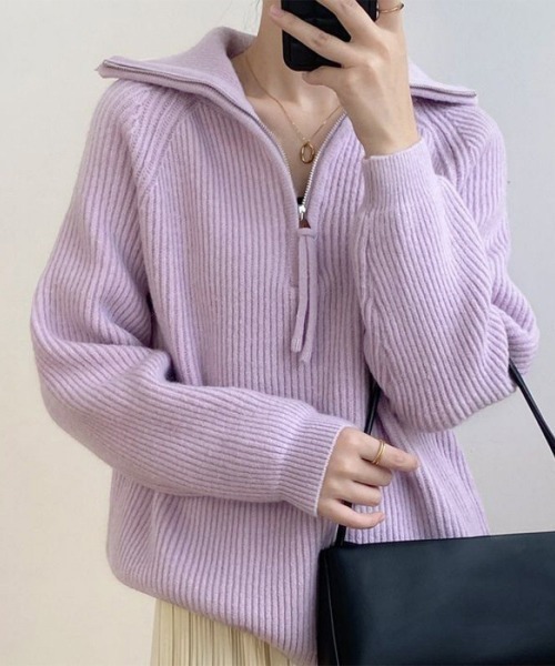 Miniministore(ミニミニストア)の「ハーフジップニットセータースタンドカラー(ニット/セーター・レディース・グレー/アイボリー/ブラック/ラベンダー/ピンク/キャメル・FREE)」の4枚目の写真