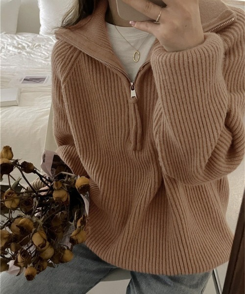 Miniministore(ミニミニストア)の「ハーフジップニットセータースタンドカラー(ニット/セーター・レディース・グレー/アイボリー/ブラック/ラベンダー/ピンク/キャメル・FREE)」の5枚目の写真