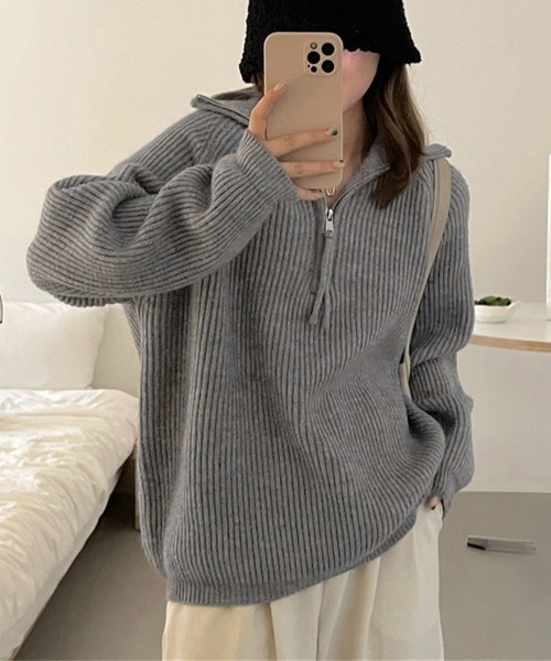 Miniministore(ミニミニストア)の「ハーフジップニットセータースタンドカラー(ニット/セーター・レディース・グレー/アイボリー/ブラック/ラベンダー/ピンク/キャメル・FREE)」の3枚目の写真
