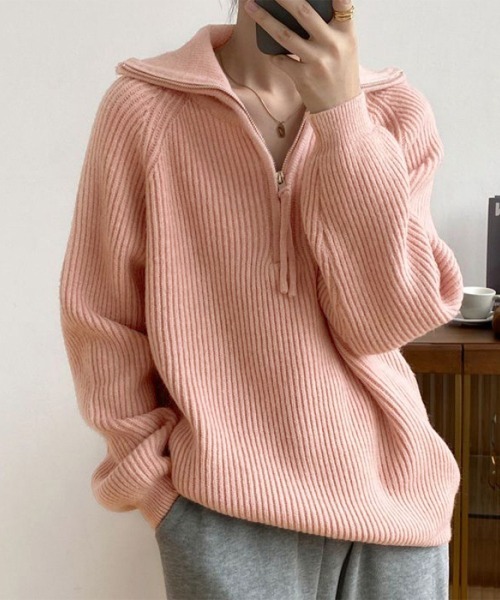 Miniministore(ミニミニストア)の「ハーフジップニットセータースタンドカラー(ニット/セーター・レディース・グレー/アイボリー/ブラック/ラベンダー/ピンク/キャメル・FREE)」の6枚目の写真