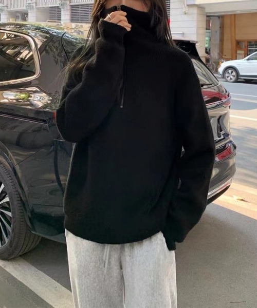 Miniministore(ミニミニストア)の「ハーフジップニットセータースタンドカラー(ニット/セーター・レディース・グレー/アイボリー/ブラック/ラベンダー/ピンク/キャメル・FREE)」の1枚目の写真