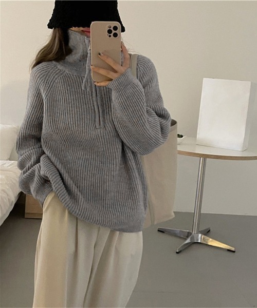 Miniministore(ミニミニストア)の「ハーフジップニットセータースタンドカラー(ニット/セーター・レディース・グレー/アイボリー/ブラック/ラベンダー/ピンク/キャメル・FREE)」の8枚目の写真
