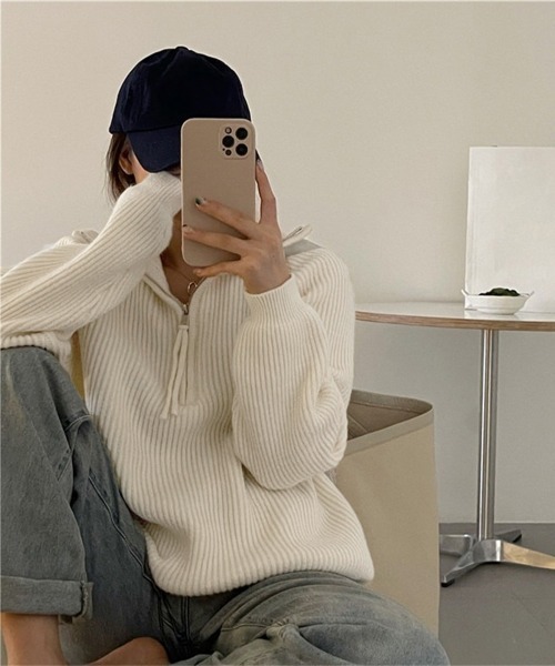 Miniministore(ミニミニストア)の「ハーフジップニットセータースタンドカラー(ニット/セーター・レディース・グレー/アイボリー/ブラック/ラベンダー/ピンク/キャメル・FREE)」の14枚目の写真